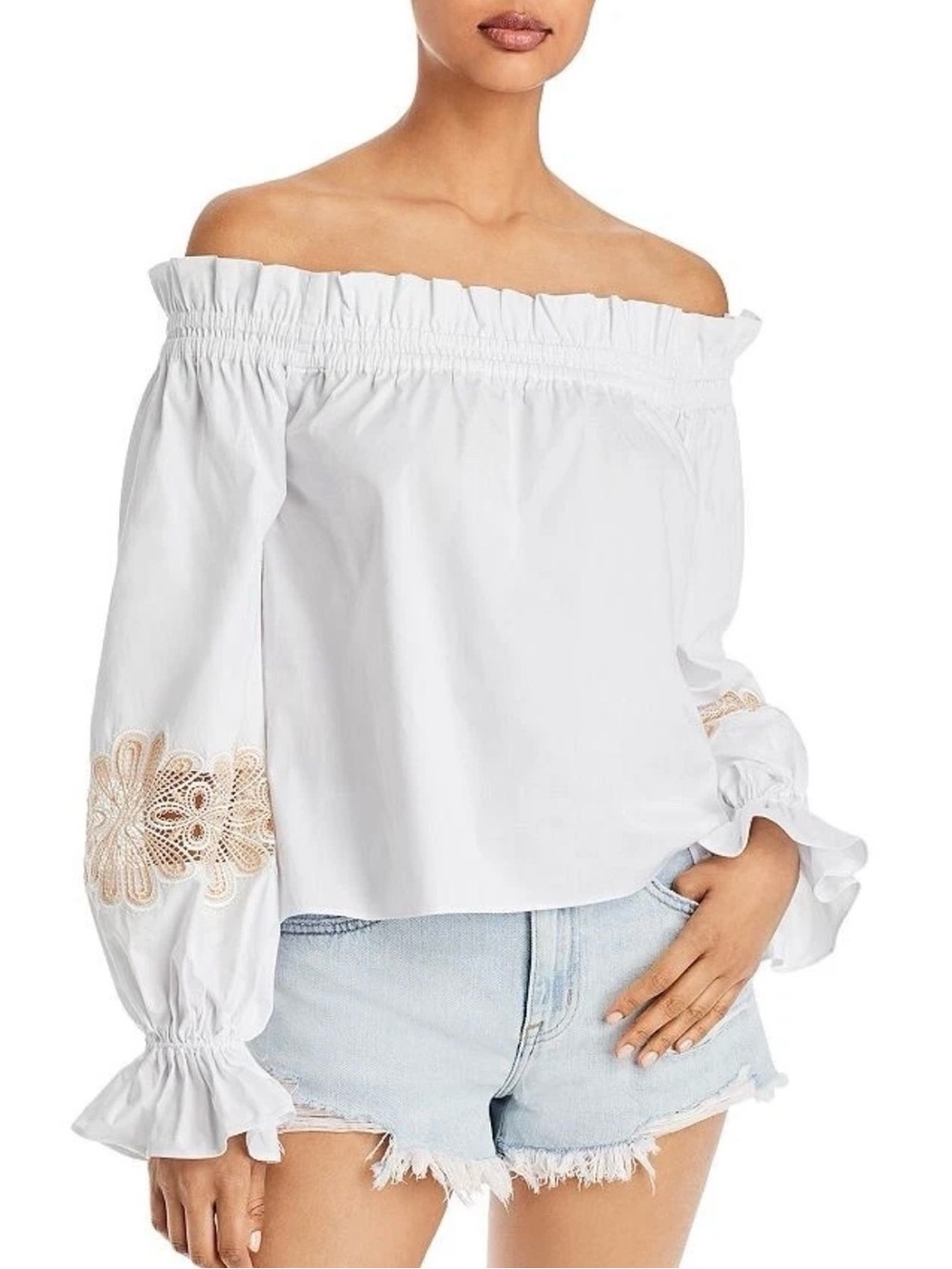 Ramy Brook White & Gold Off-Shoulder Boho  Romantic Cottagecore Blouse Medium